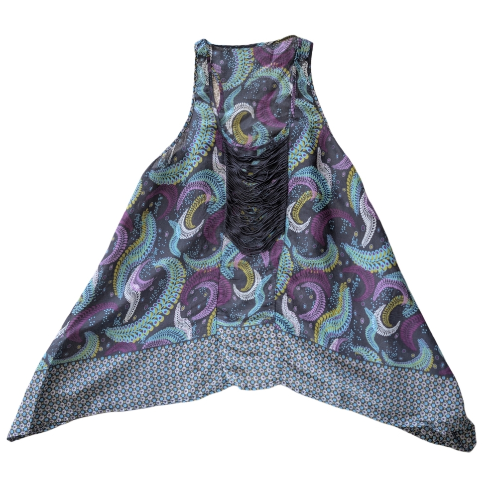 Women's Small Grey Purple Blue Green Pattern Flowy Sheer‎ Tank Top w/ Fringe